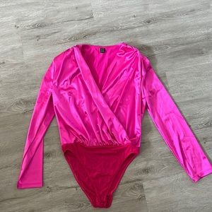 Neon Pink Long Sleeve Satin Bodysuit